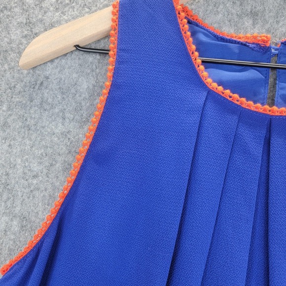 Umgee Dress Womens S Blue Orange Sleeveless Pleated Swing Shift Pom Pom Trim - Picture 2 of 13